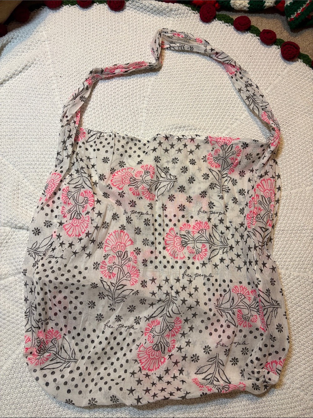 Free People Pink and Black Floral Cotton Tote